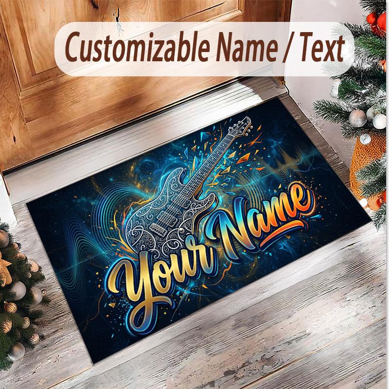 Music Guitar Theme Soft Crystal Velvet Rug Custom Name & Text Print Non Slip Floor Rug for Bedroom Living Room