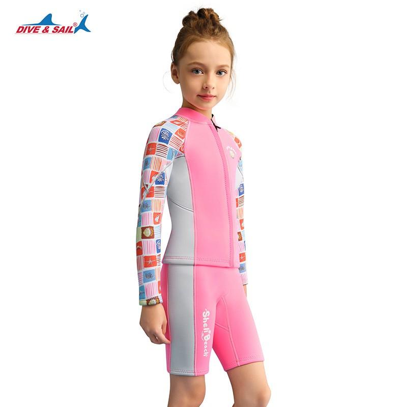 DIVESAIL 1.5mm Kids Girls Wetsuit Set Long Sleeve Warm Surfing Diving Snorkeling Swimsuit Children