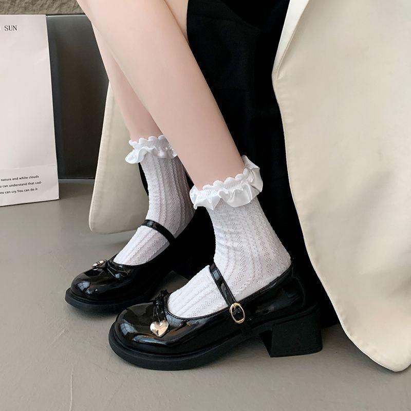 Bow with Skirt Thick-soled Round Head Single Shoes Korean Version of Fashion Love Word with Thick Heel Mary Jane 2025 New