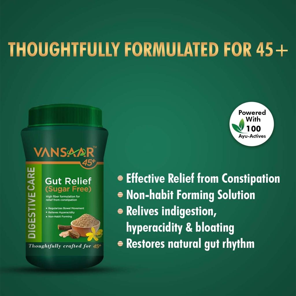 Vansaar Gut Relief Порошок без сахара 100 г | Аюрведическое средство для очищения желудка при запорах, газах, вздутии живота | Не вызывает привыкания, натуральная поддержка пищеварения