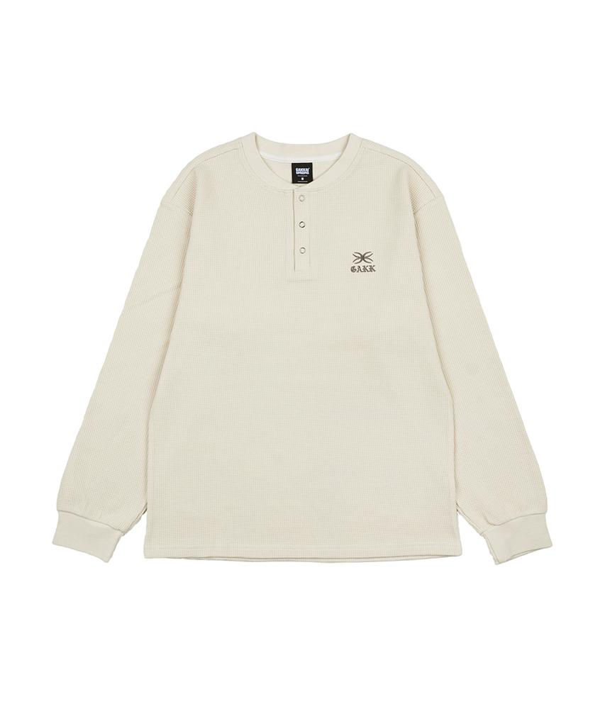 GAKKAI UNIONS Rib Henley Neck Waffle Long Sleeve Beige