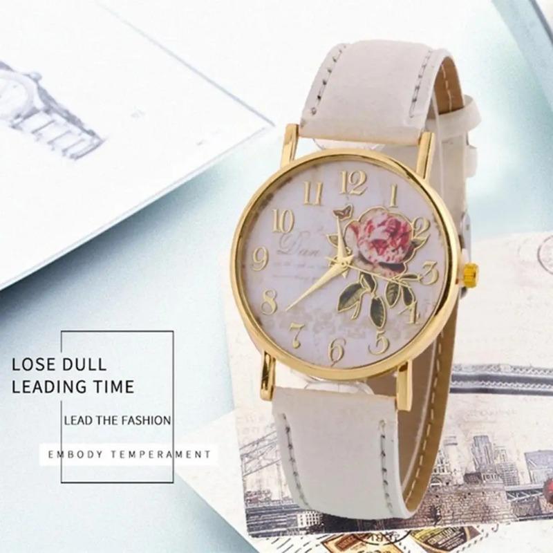 Rose Flower Round Dia Watch Women Elegant Watches Faux Leather Band Arabic Number Quartz Wristwatch Montre Femme Christmas Gift