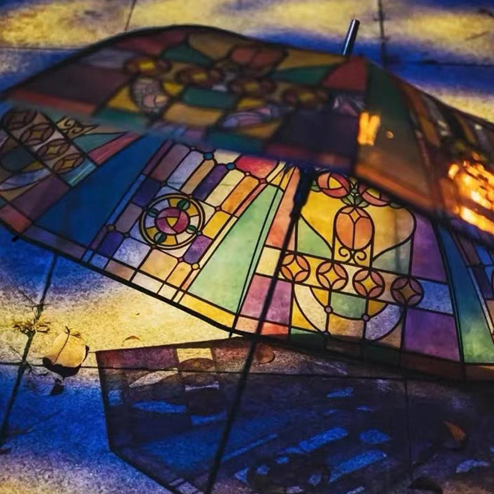 Vintage Church Transparent Umbrella Photo Props Colorful Glass Pattern Romantic Sunny Dual Use Of Rain And Light Girls Parasol