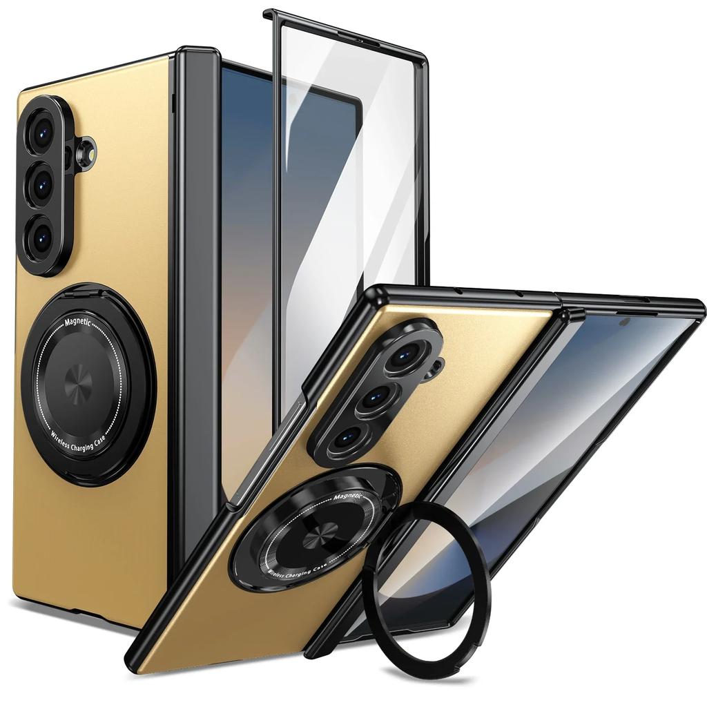 360°Alloy Magnetic Holder Hinged Phone Case For Samsung Galaxy Z Fold 7 6 5 4 3 Magsafe Wireless Charger Camera Shockproof Cover