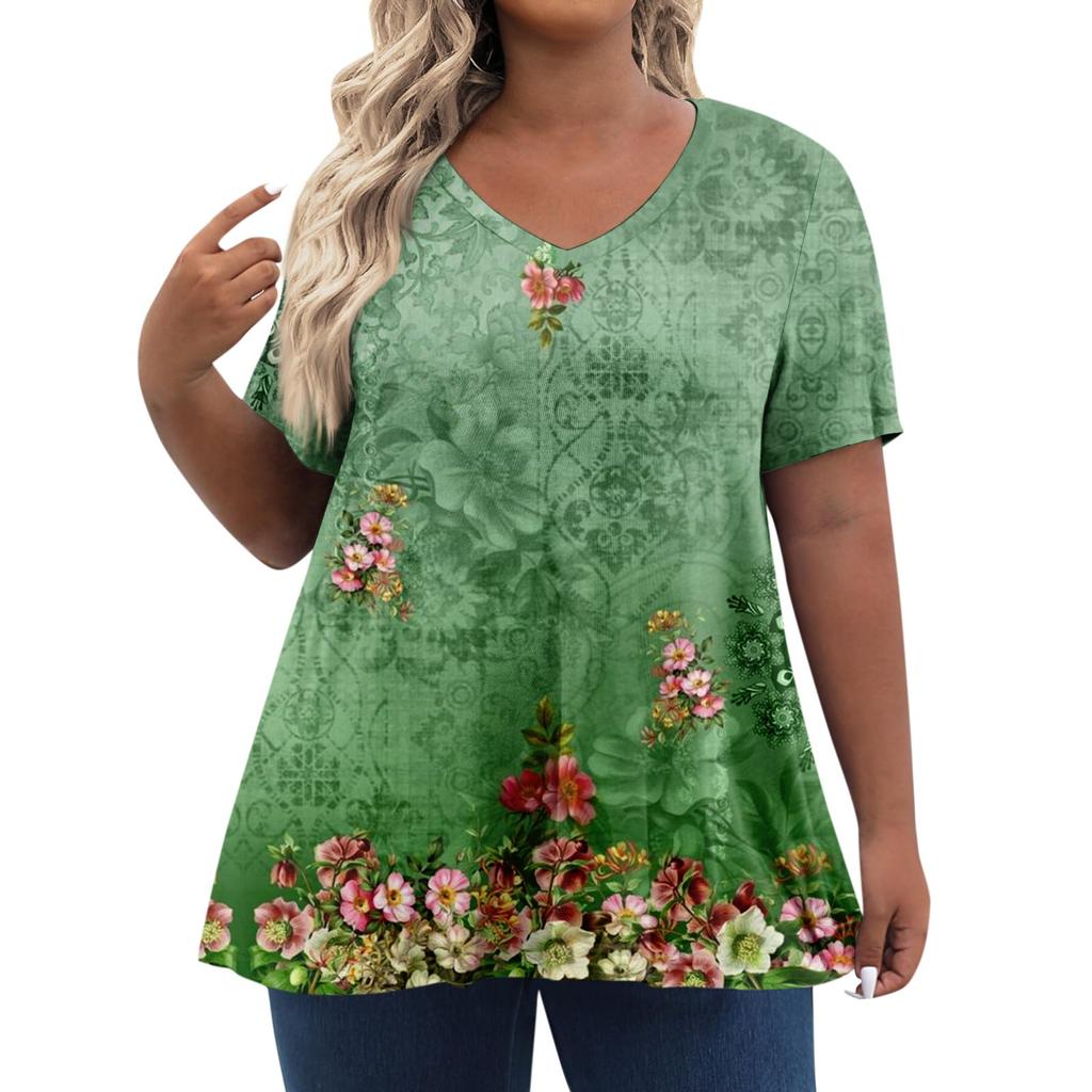 Женские топы больших размеров, шорты с рукавами, рубашки с V-образным вырезом, повседневная одежда, топы с принтом