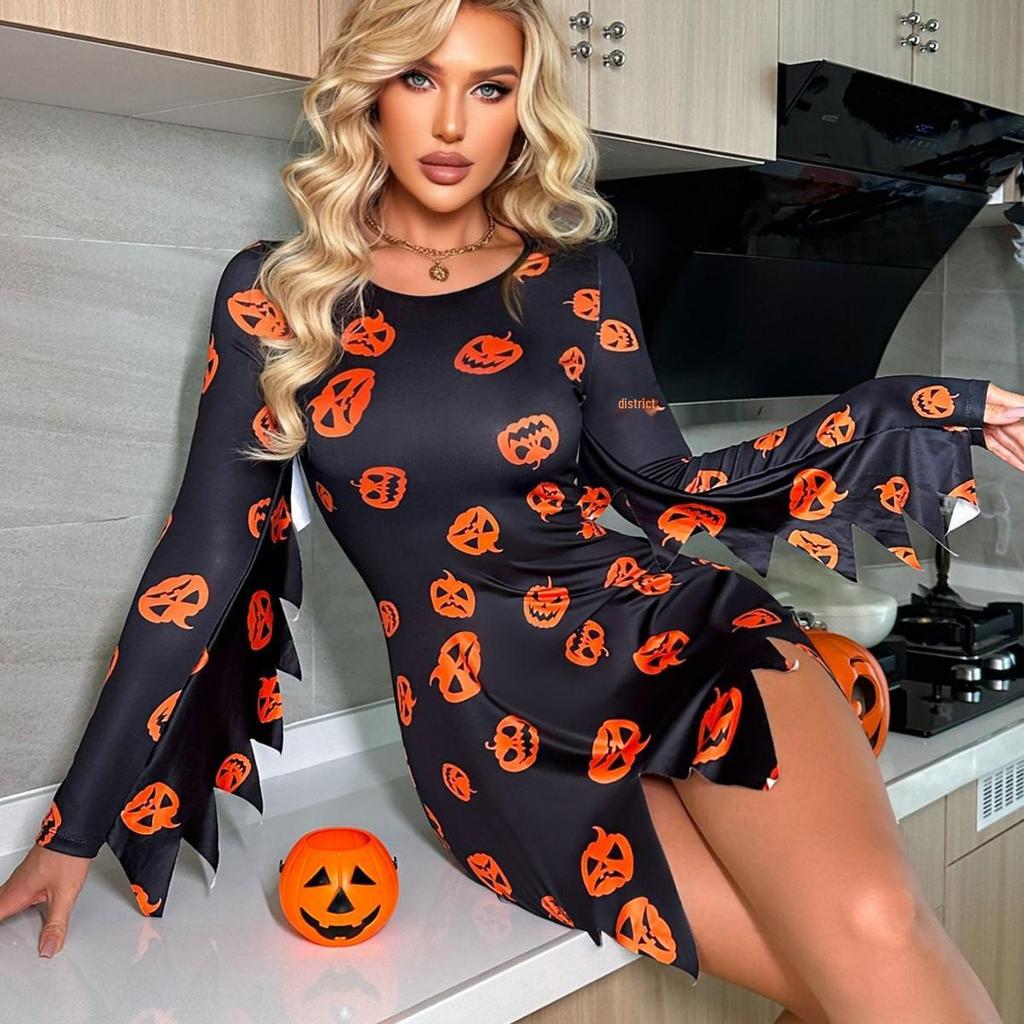 Темное платье для косплея на Хэллоуин с сексуальным принтом тыквы