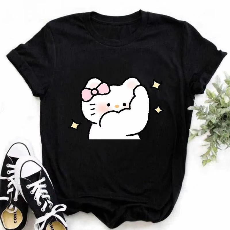 Мышечные Sanrioes Женская футболка Аниме HelloKitties Cinnamon Kuromis Веселая модель Мультяшная одежда Повседневная хлопковая футболка для пар