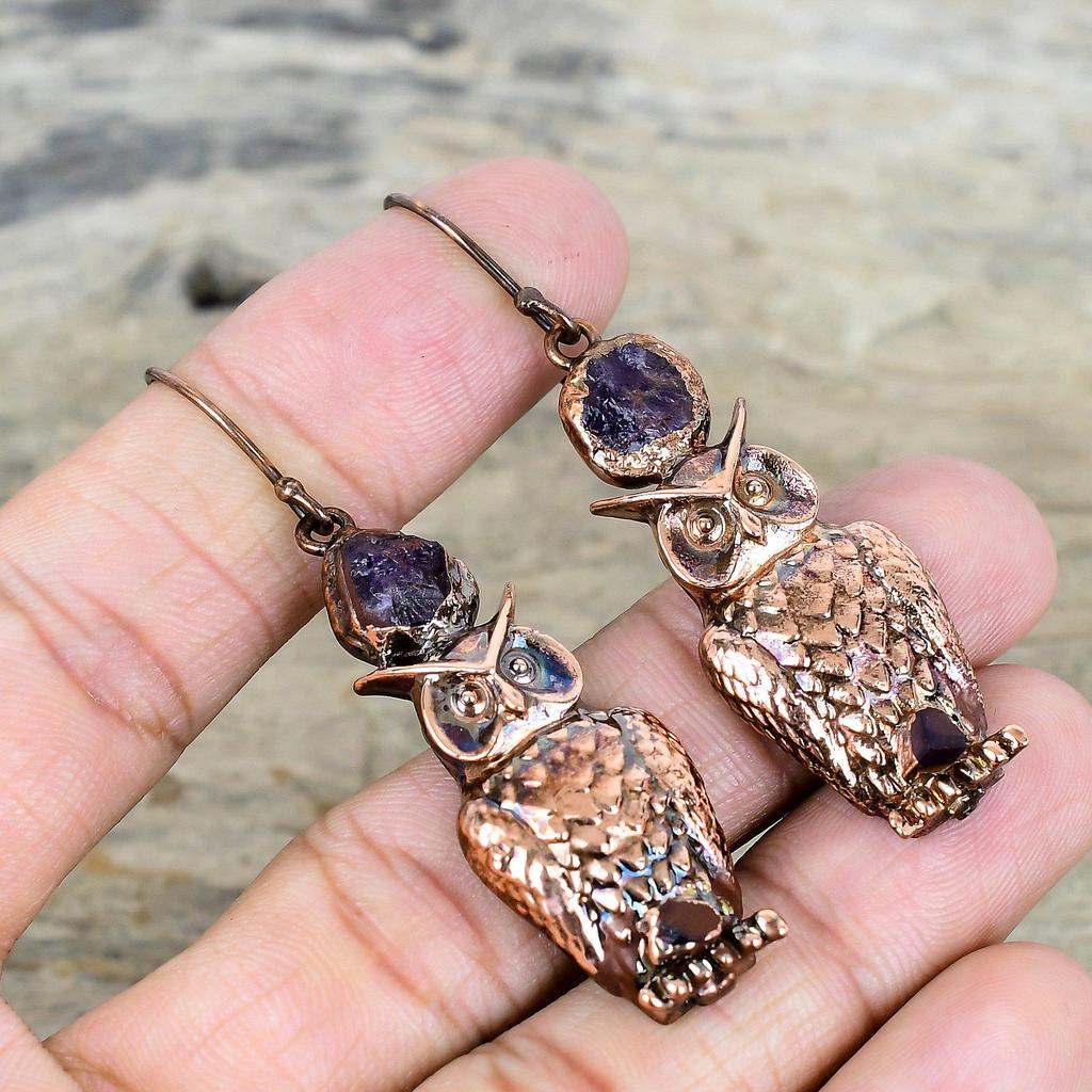 African Amethyst Rough Earring Electroformed Copper Earrings Amazing Owl Earring Handmade Gemstone Jewelry Gifts for Her Brand New Earring