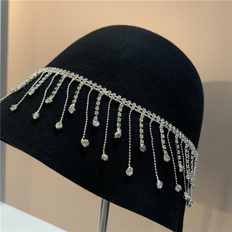 Women's Fashionable Bucket Cap with Diamond Chain Basin Cap Autumn Wool Warm Fisherman Cap