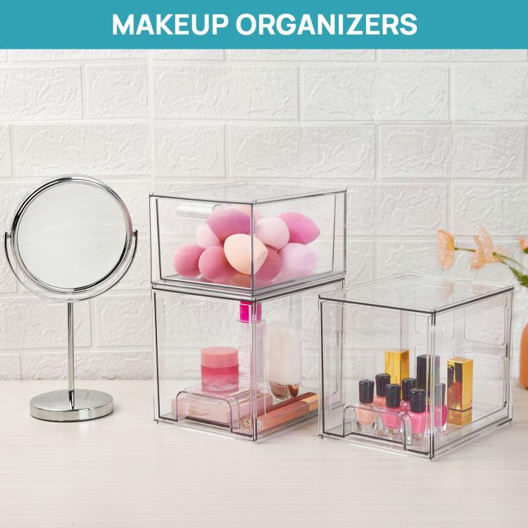 Tall Openwork Desktop Storage Box Drawer-Style Stackable Transparent Plastic Cosmetic Organizer