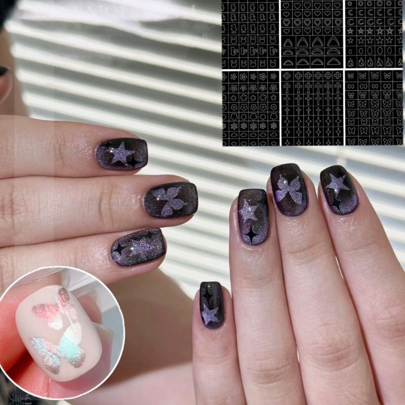 6Pieces Airbrush Nail Stencils Nail Decoration Stickers Set French Designs Hollow Nail Tips Stickers Decals for Womens