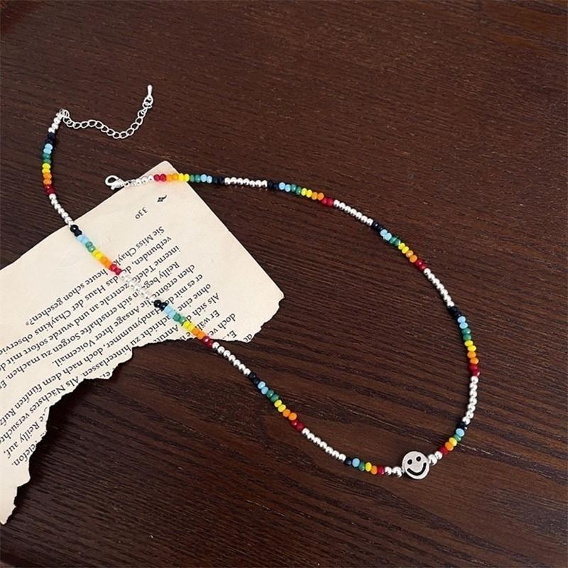 Двойное ожерелье со смайликами и любовью, женская цепочка на ключицу, дизайн Sense Niche Color Beaded Sweater Chain