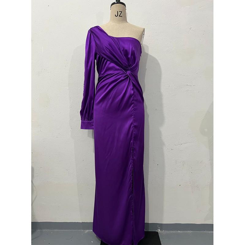 2026 Womens Slash Neck Raglan Sleeve Pleated Fitted Slit Sexy Long Dress