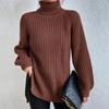 Autumn/Winter Soft Knitwear Fashion Raglan Long Sleeve Turtleneck Split Sweater Casual Warm Solid Mid-length Pullover 29572