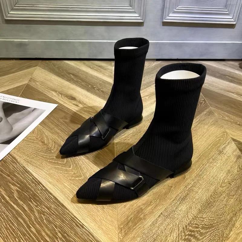 Fashion Pointed Toe Women Mid Calf Chelsea Boots Flats Shoes 2024 Winter Designer New Walking Shoes Sexy Fashion Dress Mujer Zapatos