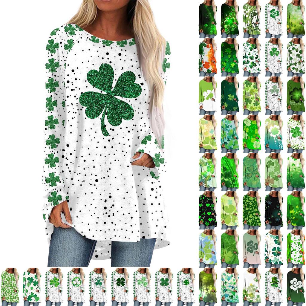 Fashionable Women's Casual Loose Round Neck Long Sleeved Saint Patrick Printed T-shirt Top