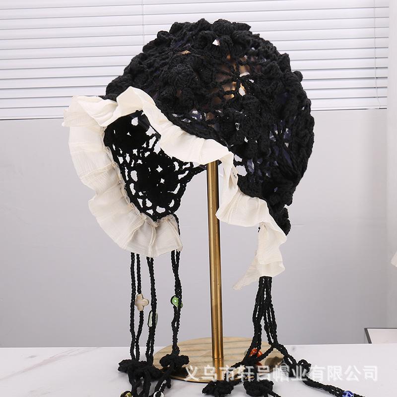 New tassel strap knitted hat Mori retro casual literary bracelet hollow flower bald hat sun protection and shading