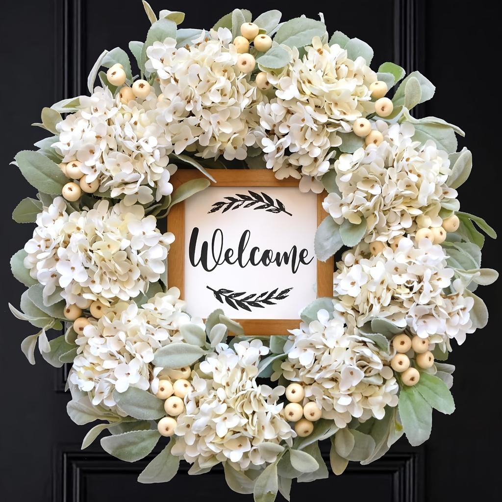 Premium Wedding Hydrangea Wreath Realistic Flowers with White Berries and a Built-in Welcome Sign, Suitable for Front Door