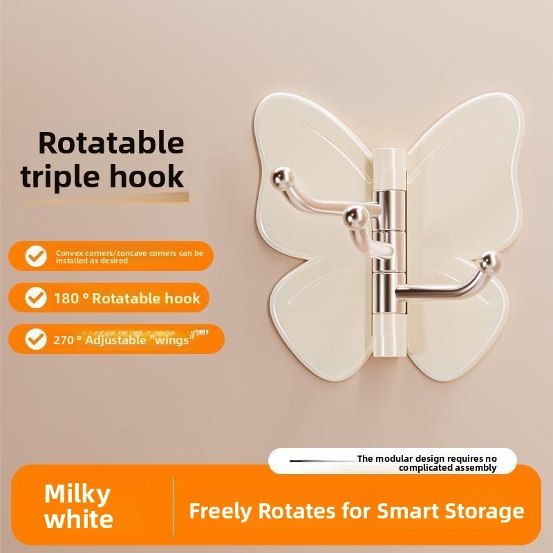 High Glamour Rotating Butterfly Hook, No-Drill Adhesive Triple Hook for Storage and Decoration, Multi-Scene 3-Pack