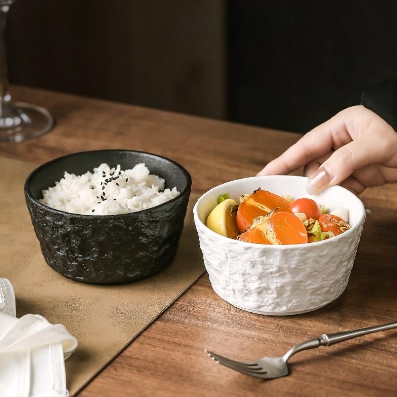 Бытовая керамическая пиала для риса с красивым узором водяной ряби, личная посуда, черно-белая большая пиала