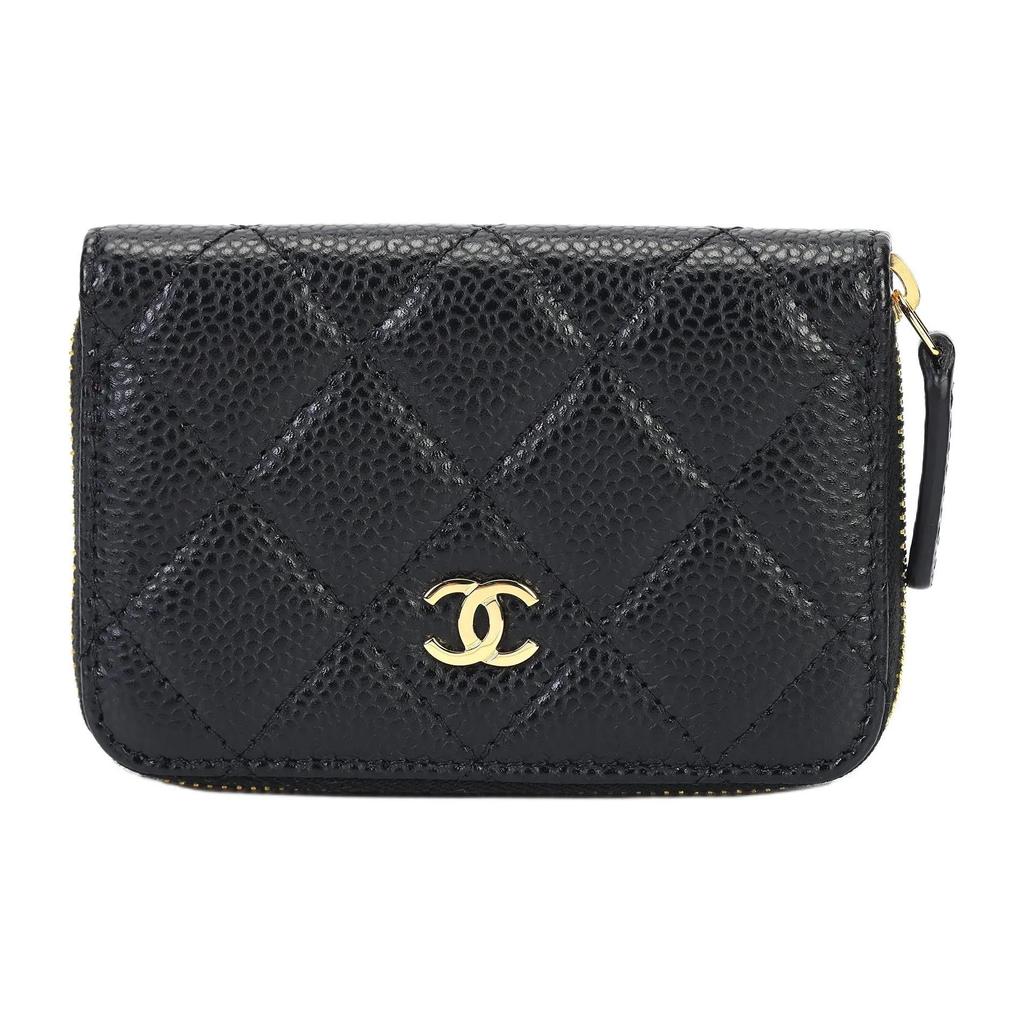 CHANEL Double C Logo Quilted Design Calfskin Coin Purse Women's Black