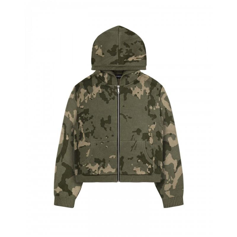 Unisex Camo Hooded Zip-Up Sweater Oversized Streetwear Knit Pullover Winter
