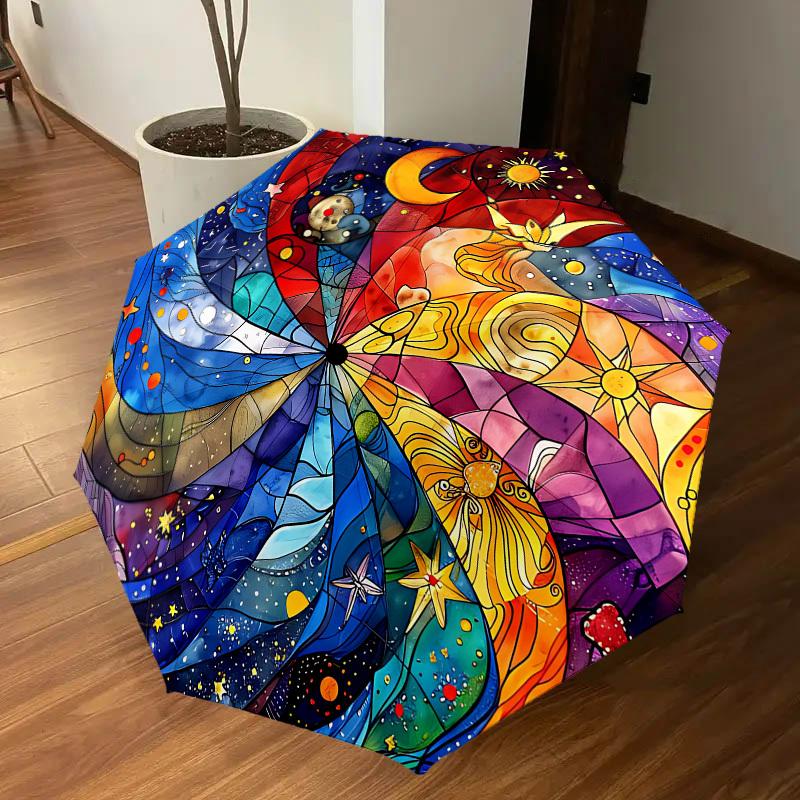 1PC Stained Glass Mandala Automatic Open/Close Umbrella with Windproof, 8-Rib Sturdy Canopy, Durable Ribs, Fashionable Design,1255A