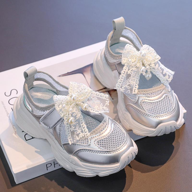 Girls' New Summer Single Mesh Pearl Lace Bowknot Sports Sandals Little Girls' Transparent Mesh Casual Sandals