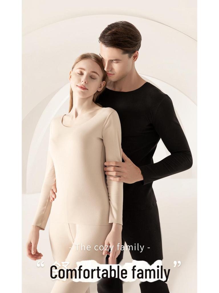 Женский термобелье, не раздражающее кожу: Двусторонний немецкий бархат, бесшовный круглый вырез, облегающий крой, на осень/зиму.