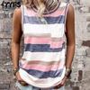 Women's Fashion Casual Summer Spring Colour Block Print Sleeveless O-Neck Blouses & Shirts