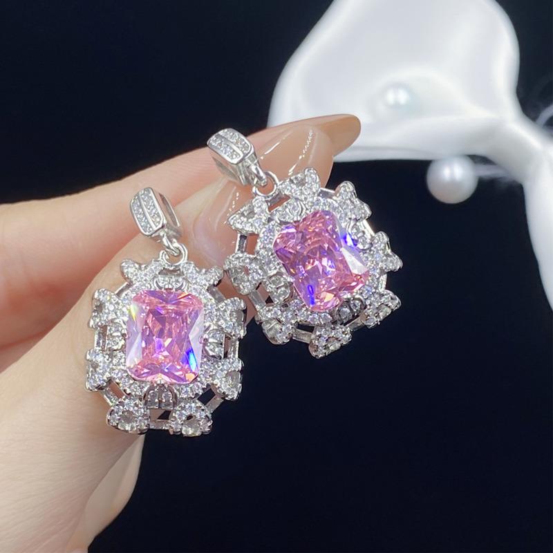 BELLA BOX High-grade Pink Zircon Hollow Bottom Square Pendant Women Open Ring Earrings Set