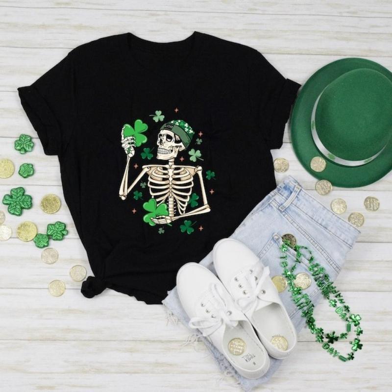 Patricks St Pattys Skeleton Dancing Funny Irish Shirt Saint Day Shamrock Unisex Graphic Tshirts Crewneck Regular Short Sleeve