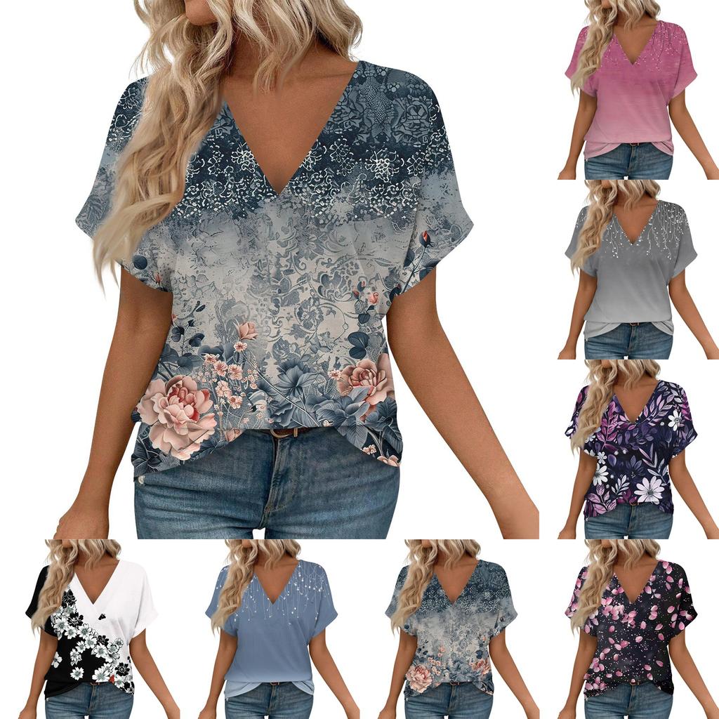 Women's Short Sleeve Shirts V Neck Print Tops Casual Tops Basic Tees Blouse Loose Tops