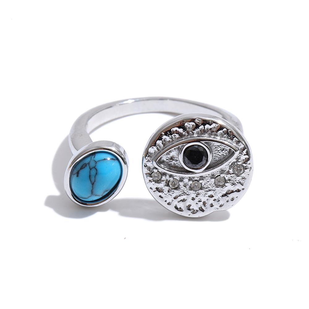 Yhpup 2026 New Arrivals Turquoise Zircon Eye Adjustable Ring PVD Plated Stainless Steel Vintage Stylish Unique Daily Jewelry