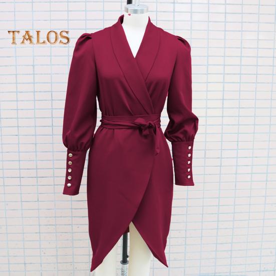 Женское вечернее платье в деловом стиле с отложным воротником, длинным рукавом, однотонное, облегающее, со шнуровкой и перекрестными бретелями, весеннее платье-миди, OL, летнее платье для поездок на работу