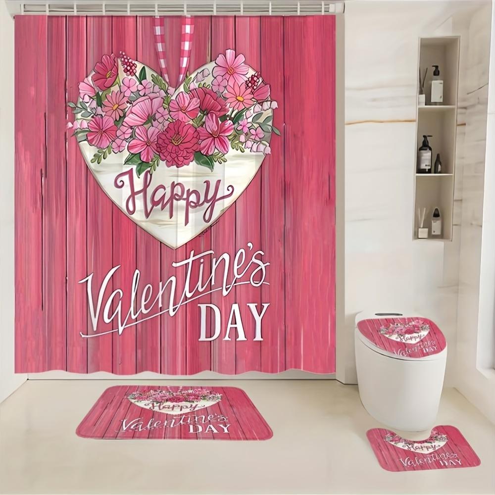 Набор из 4 предметов: шторка для душа для ванной комнаты, розовые цветы, шторка для ванной с 12 крючками, нескользящие коврики, коврик для крышки унитаза, перегородка для ванной