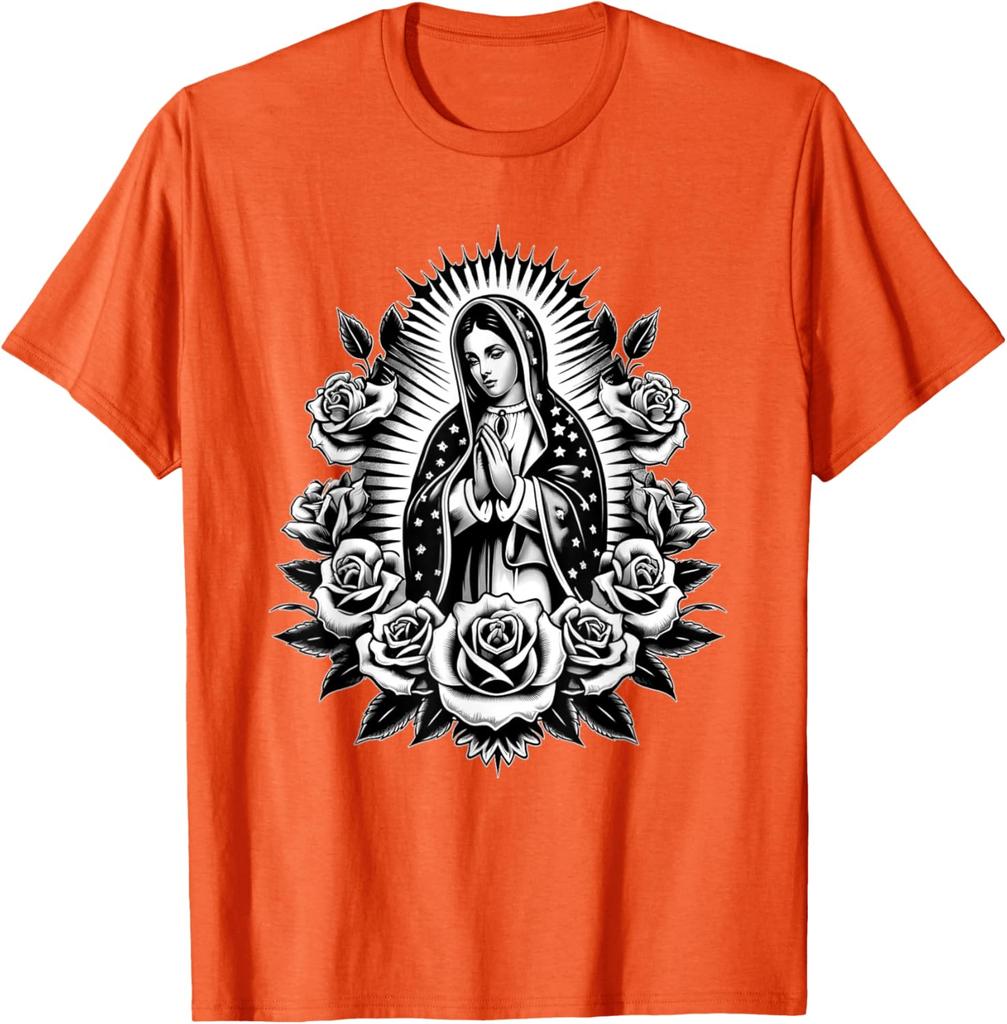 Virgin Mary Guadalupe Roses Graphic T-Shirt Religious Catholic Virginita Floral Print Tee Men Casual