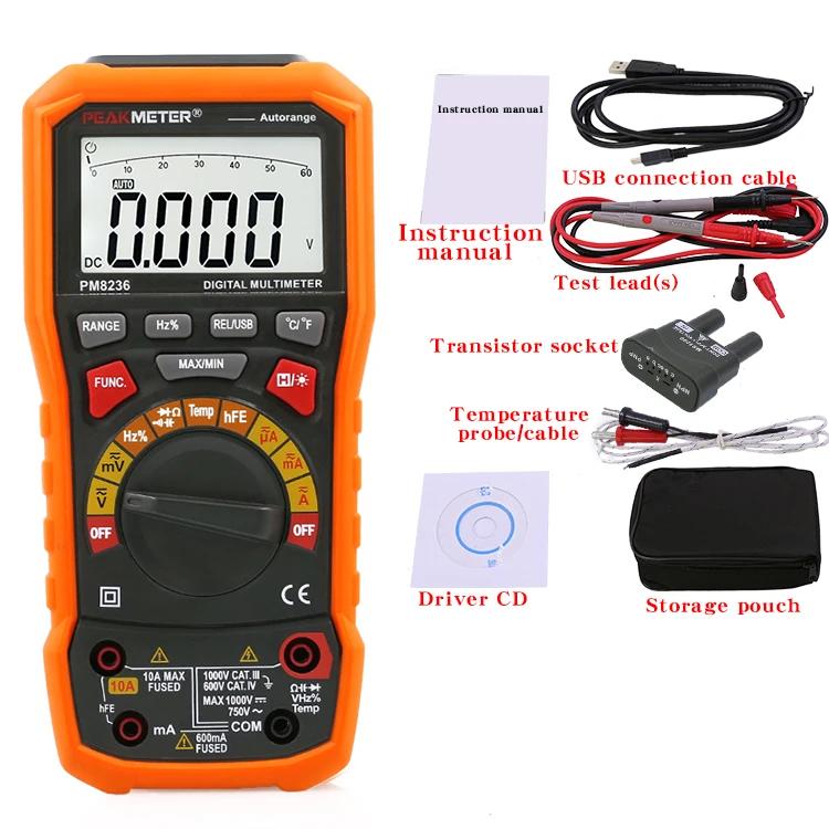 PEAKMETER PM8236 Цифровой мультиметр True RMS с автовыбором диапазона, высокой точностью, ЖК-дисплеем, возможностью подключения к ПК, вольтметр