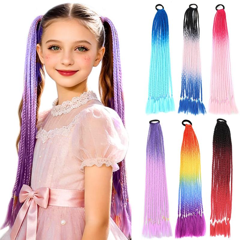 Косы-хвосты 24 дюйма Разноцветные Box Braids с резинками Синтетические накладки для волос для девочек Женские аксессуары День сумасшедших причесок