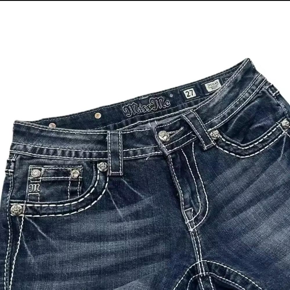 Американские ретро-узкие расклешенные джинсы женские Y2k Harajuku Gothic Vintage Pocket вышитые синие джинсовые брюки с низкой талией широкие брюки