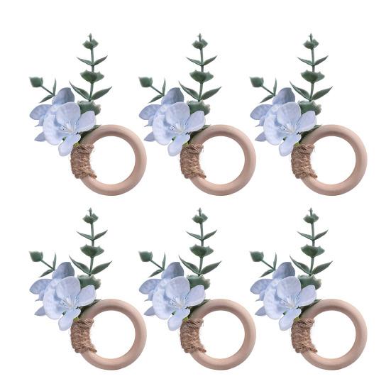 6Pcs Boho Napkin Rings Fabric Flower Faux Eucalyptus Leaf Napkin Holders Rustic Wooden Napkin Rings for Wedding Bridal Shower Dining Table Decor