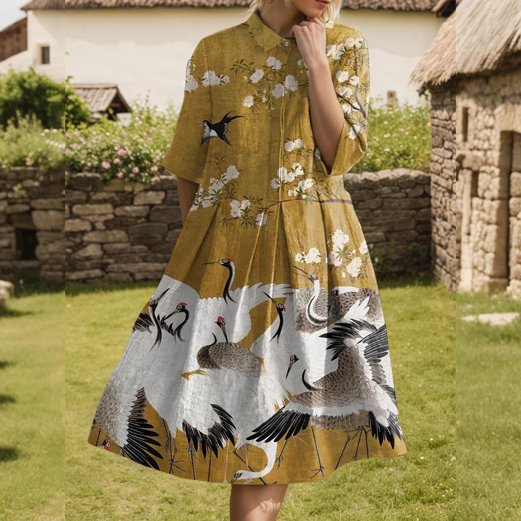 Dress For Women Elegant Casual Smocked Button Lapel Short Sleeve Knee Length Dress