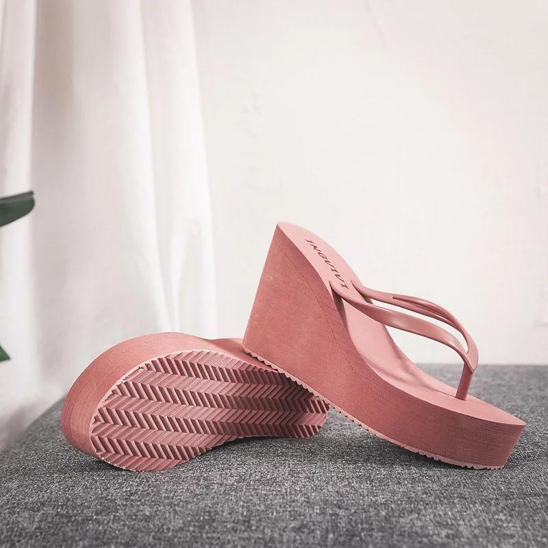 2024 High-heeled Shoes Lady House Slippers Platform Slides Low On A Wedge Rubber Flip Flops Summer Sand New Woman's Candy Colors