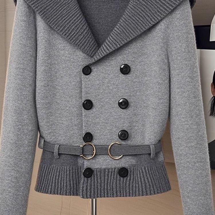 Осень/Зима 2025 Высококлассный Шикарный Серый Свитер и Синяя Миди-юбка Комплект