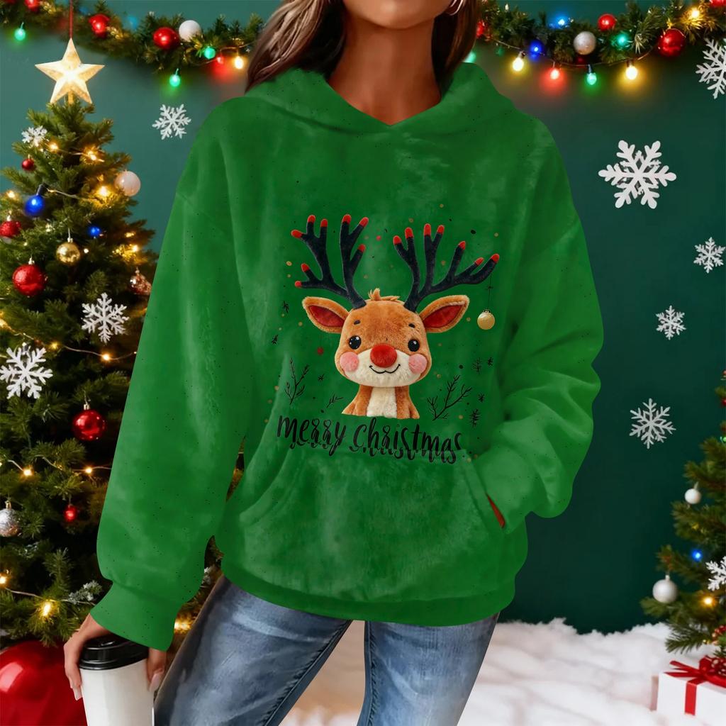 Women's Hooded Long Sleeve Christmas Printed Flannel Top Hooded Sweatshirt