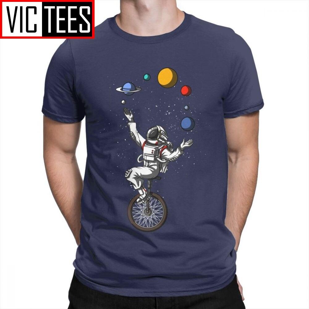 Man Men T Shirts Space Astronaut Riding Bicycle Juggling Solar System Planets Funny Short Sleeves Tees Tops Cotton T-Shirt