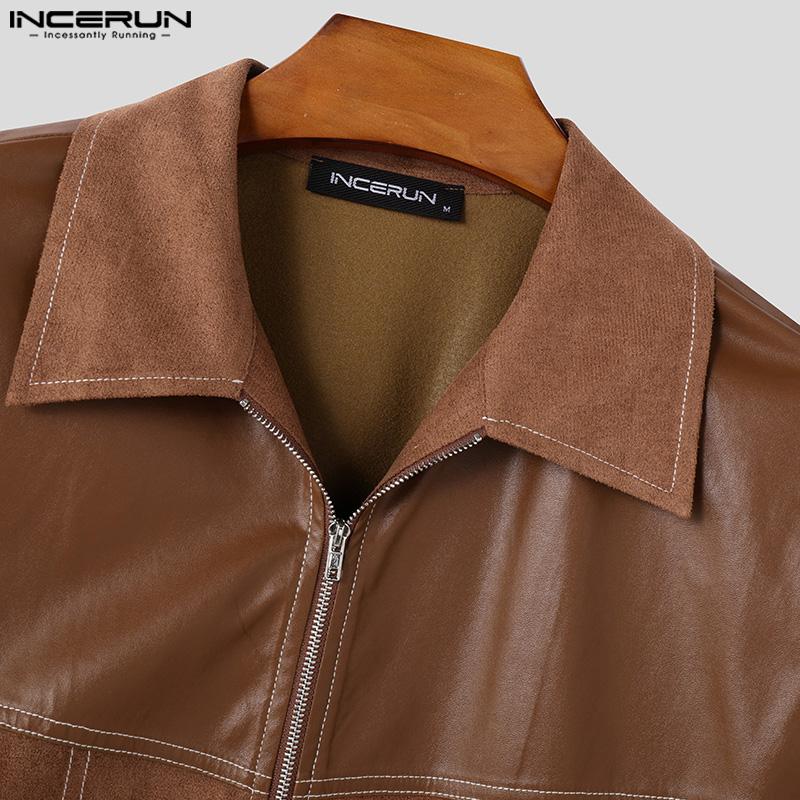 INCERUN Винтажные мужские лацканы с длинным рукавом на молнии из кожи PU в стиле пэчворк из замши, куртки