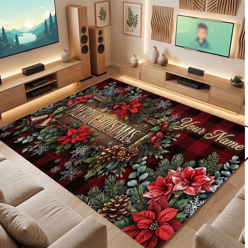 Christmas Winter Theme Crystal Velvet Floor Rug Personalized Custom Name Text Warm Carpet Home Decoration