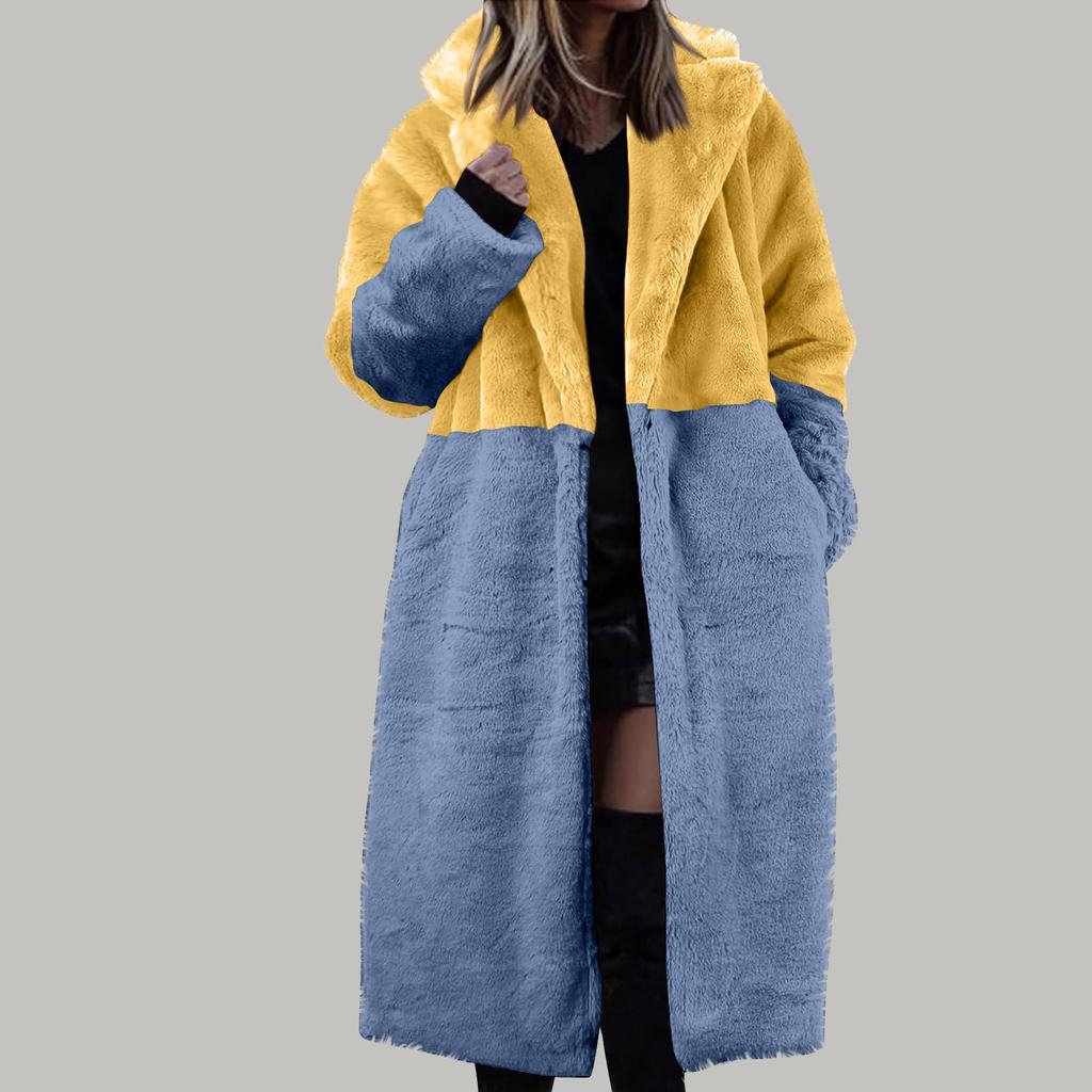 Women's Long Color Blocking Fashionable Winter Loose Flip Collar Plush Jacket