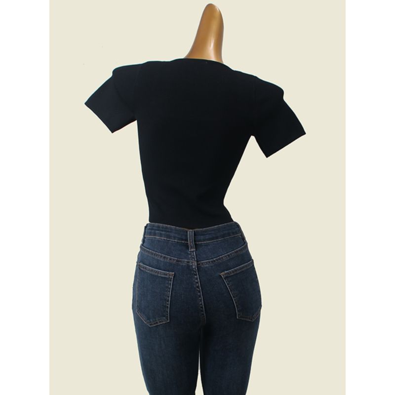 American Style Short Square Collar Sexy Knitwear Foreign Trade Original Order High Elastic Silm Slim Looking Midriff-Baring Short Sleeve T-shirt